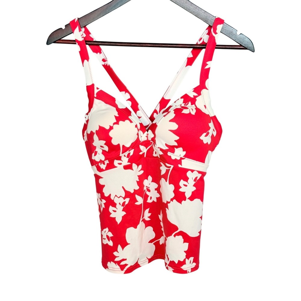 Lands End‎ Tankini Top 10A Red White Floral Hibiscus Cross Back Swimwear V-Neck